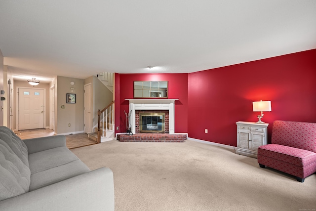 100 Chandler, Windsor, CT 06095 - carpeted living room with stairway and a brick fireplace