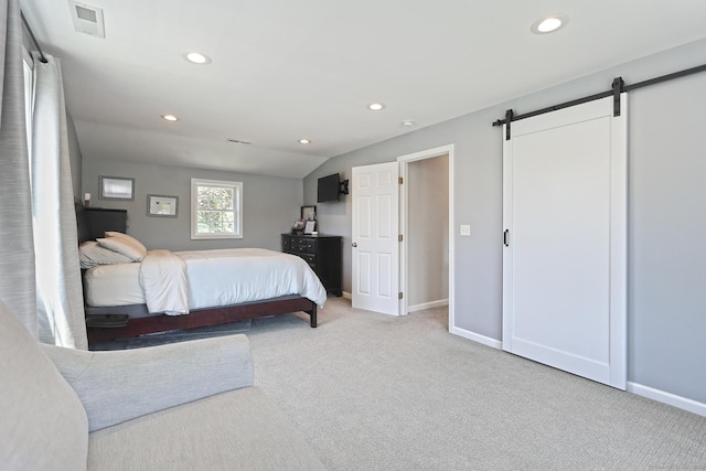 30 Wilcox Rd, Milford, CT 06460 - bedroom featuring carpet, a barn door, recessed lighting, and vaulted ceiling