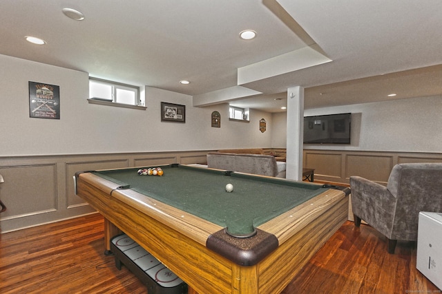 30 Wilcox Rd, Milford, CT 06460 - recreation room featuring a decorative wall, dark wood finished floors, billiards table, wainscoting, and recessed lighting