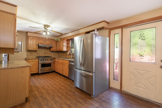 26 Hunt Ln, East Haven, CT 06512 - kitchen featuring appliances with stainless steel finishes, dark wood finished floors, a ceiling fan, decorative backsplash, and open shelves