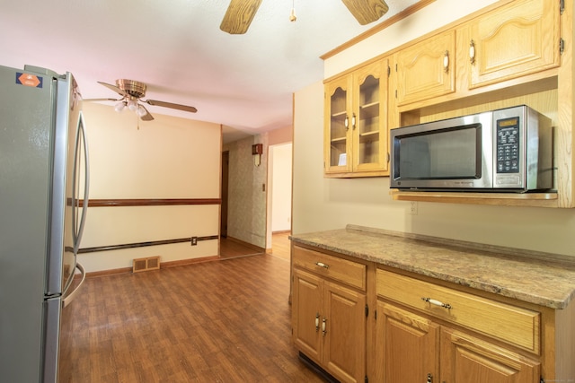 26 Hunt Ln, East Haven, CT 06512 - kitchen featuring stainless steel appliances, a ceiling fan, dark wood-style flooring, and glass insert cabinets