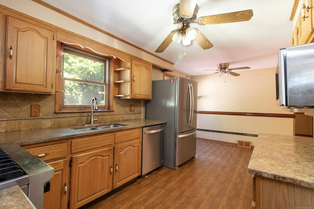 26 Hunt Ln, East Haven, CT 06512 - kitchen featuring appliances with stainless steel finishes, a ceiling fan, backsplash, wood finished floors, and open shelves