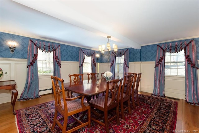 300 Ridgefield Rd, Wilton, CT 06897 - dining space with wallpapered walls, a chandelier, a decorative wall, wood finished floors, and wainscoting