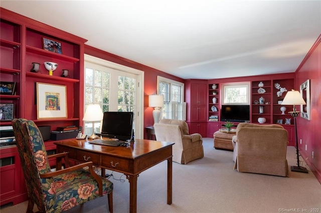 300 Ridgefield Rd, Wilton, CT 06897 - office area featuring carpet flooring, built in shelves, and ornamental molding