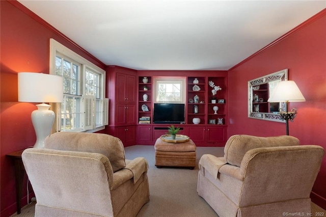 300 Ridgefield Rd, Wilton, CT 06897 - living room featuring built in features, crown molding, and light carpet