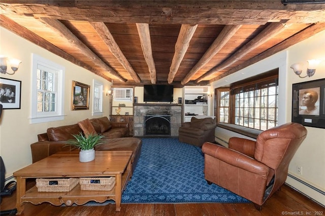 300 Ridgefield Rd, Wilton, CT 06897 - living area featuring a wood ceiling with exposed beams, a baseboard radiator, wood finished floors, a fireplace, and a wall unit AC