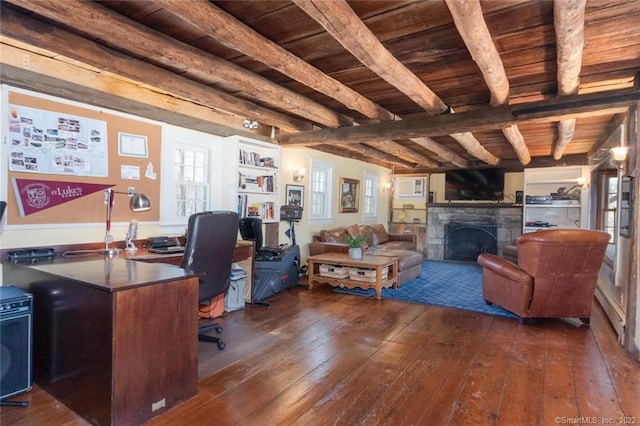 300 Ridgefield Rd, Wilton, CT 06897 - office space with dark wood finished floors, a wooden ceiling with exposed beams, and a fireplace