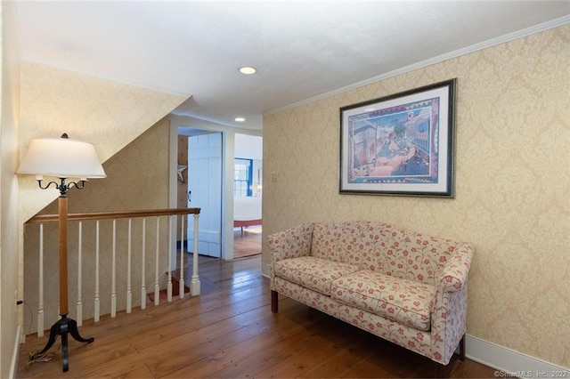 300 Ridgefield Rd, Wilton, CT 06897 - living area featuring wood-type flooring, wallpapered walls, ornamental molding, and recessed lighting