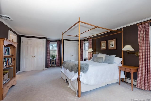 300 Ridgefield Rd, Wilton, CT 06897 - bedroom with a baseboard radiator, multiple closets, carpet floors, and crown molding