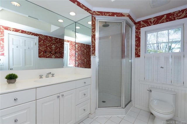 300 Ridgefield Rd, Wilton, CT 06897 - full bathroom with wallpapered walls, ornamental molding, vanity, a stall shower, and wainscoting