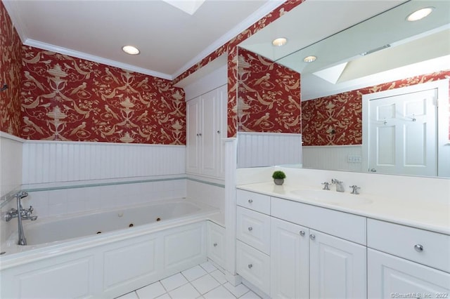 300 Ridgefield Rd, Wilton, CT 06897 - bathroom with wallpapered walls, wainscoting, ornamental molding, a tub with jets, and vanity