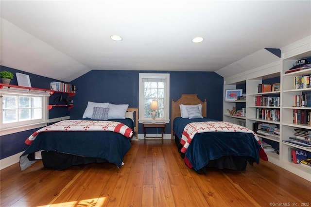 300 Ridgefield Rd, Wilton, CT 06897 - bedroom with hardwood / wood-style floors, lofted ceiling, and recessed lighting