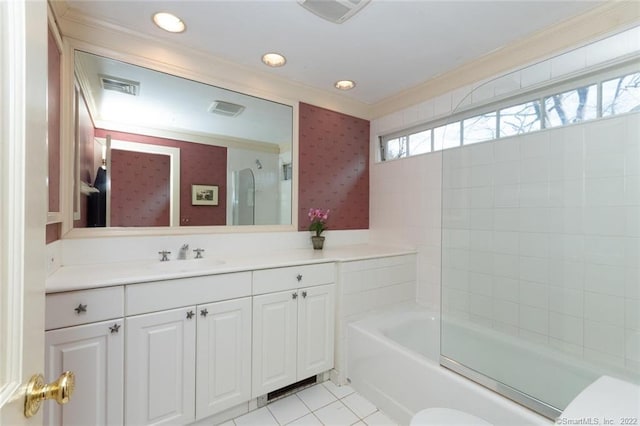 300 Ridgefield Rd, Wilton, CT 06897 - bathroom featuring wallpapered walls, ornamental molding, vanity, tile patterned floors, and recessed lighting