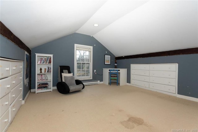 300 Ridgefield Rd, Wilton, CT 06897 - living area with a baseboard heating unit, vaulted ceiling, and carpet flooring
