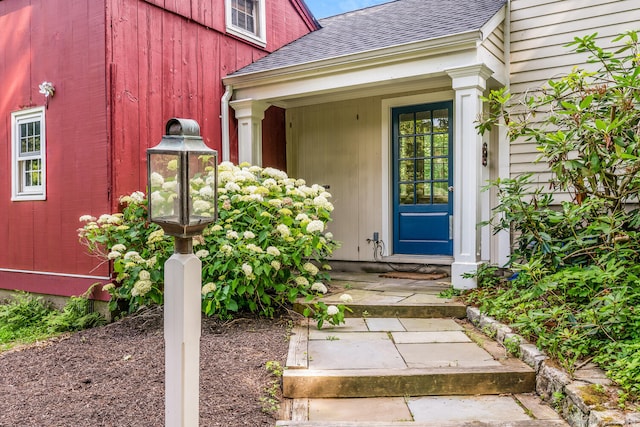 300 Ridgefield Rd, Wilton, CT 06897 - property entrance featuring roof with shingles