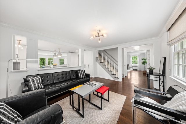 28 Great Hill Rd, Darien, CT 06820 - living area with stairs, crown molding, healthy amount of natural light, a chandelier, and dark wood-style floors