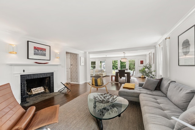 28 Great Hill Rd, Darien, CT 06820 - living area featuring wood finished floors, a fireplace with flush hearth, and ornamental molding