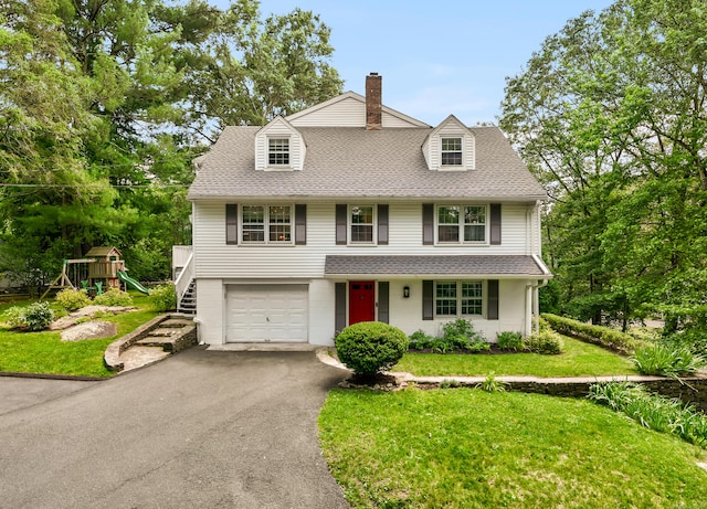 28 Great Hill Rd, Darien, CT 06820 - view of front of property featuring roof with shingles, asphalt driveway, and a front yard