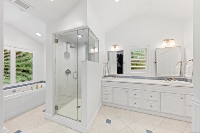 28 Great Hill Rd, Darien, CT 06820 - full bathroom featuring lofted ceiling, a shower stall, tile patterned flooring, a bath, and double vanity