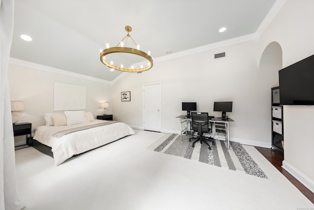 28 Great Hill Rd, Darien, CT 06820 - bedroom with ornamental molding, a chandelier, lofted ceiling, a desk, and recessed lighting