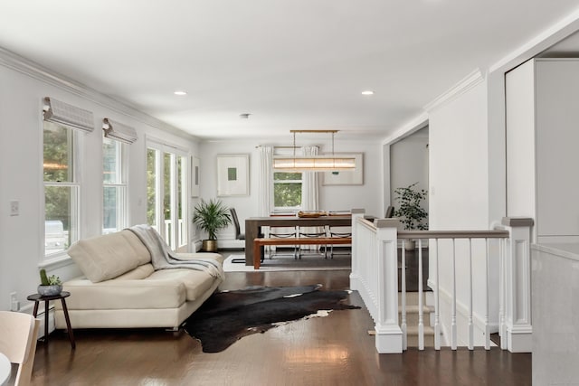 28 Great Hill Rd, Darien, CT 06820 - sitting room with wood finished floors, ornamental molding, recessed lighting, and an upstairs landing