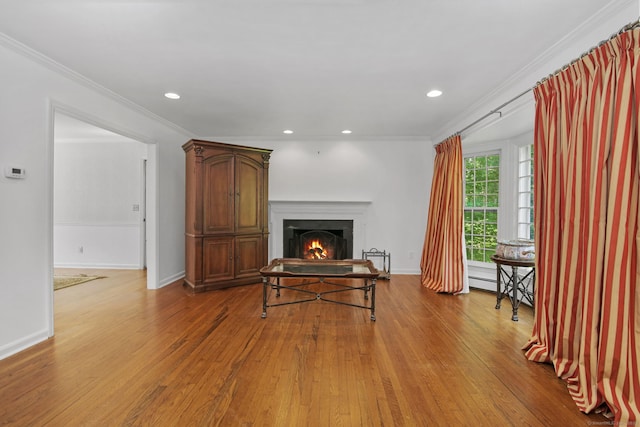 63 Pipers Hill Rd, Wilton, CT 06897 - living room with wood finished floors, a lit fireplace, recessed lighting, a baseboard heating unit, and ornamental molding