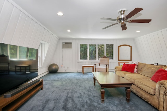 63 Pipers Hill Rd, Wilton, CT 06897 - living room featuring carpet, a wall mounted air conditioner, a baseboard heating unit, a ceiling fan, and recessed lighting