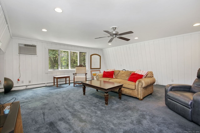 63 Pipers Hill Rd, Wilton, CT 06897 - carpeted living room with ceiling fan, a baseboard radiator, recessed lighting, and a wall mounted air conditioner