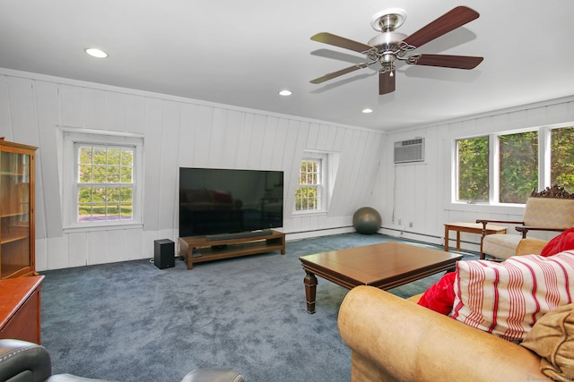 63 Pipers Hill Rd, Wilton, CT 06897 - carpeted living area featuring healthy amount of natural light, a wall mounted air conditioner, recessed lighting, a ceiling fan, and a decorative wall