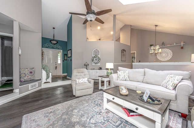 80 Richard Ave, Wolcott, CT 06716 - living room featuring a chandelier, wood finished floors, high vaulted ceiling, and ceiling fan