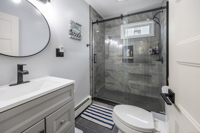 38 Florence St, Manchester, CT 06040 - bathroom with baseboard heating, vanity, a shower stall, and tile patterned floors