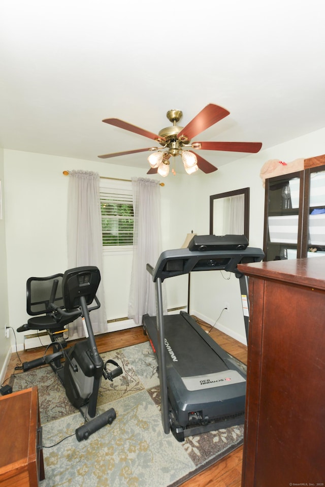 157 Windy Dr, Wolcott, CT 06705 - exercise room featuring ceiling fan and wood finished floors
