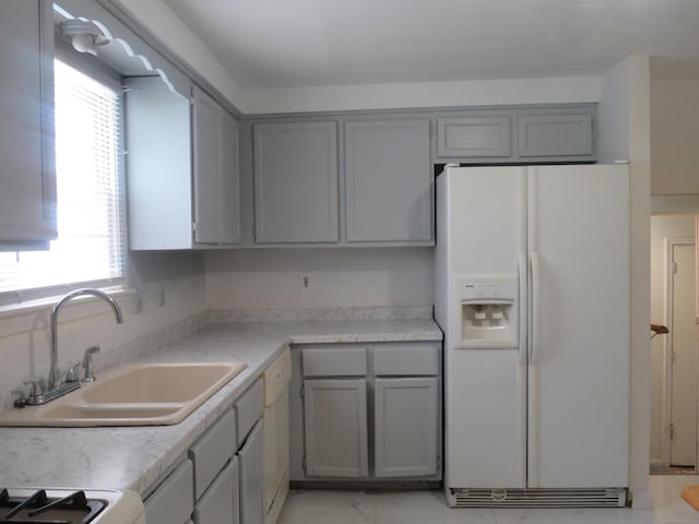 19 Cardston Cir, Windsor, CT 06095 - kitchen with white appliances, gray cabinets, light countertops, and light marble finish flooring