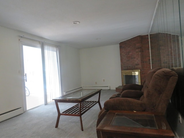 19 Cardston Cir, Windsor, CT 06095 - carpeted living area featuring baseboard heating, a brick fireplace, and a baseboard radiator