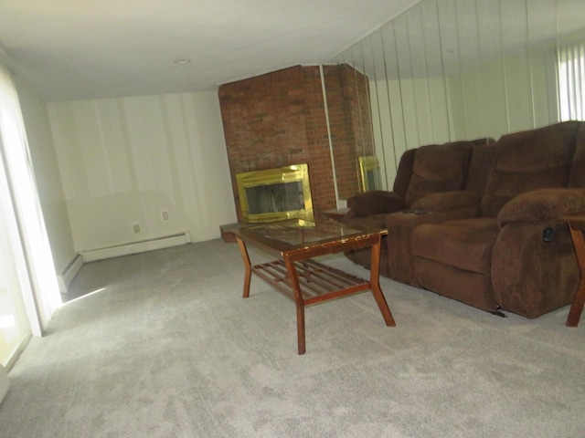19 Cardston Cir, Windsor, CT 06095 - living room with vaulted ceiling, carpet flooring, a baseboard heating unit, and a fireplace