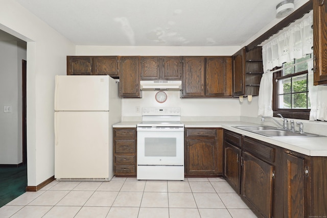 95 Hickory Rd, Naugatuck, CT 06770 - kitchen with white appliances, under cabinet range hood, dark brown cabinets, light countertops, and light tile patterned floors