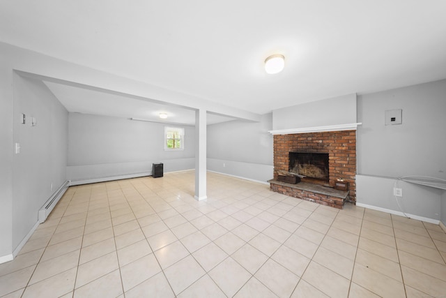 95 Hickory Rd, Naugatuck, CT 06770 - unfurnished living room featuring a baseboard radiator, a fireplace, light tile patterned floors, and a baseboard heating unit