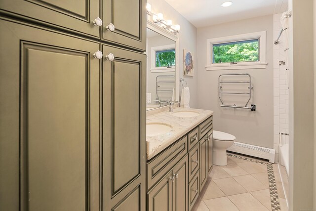19 Pumpkin Hill Rd, Trumbull, CT 06611 - bathroom with a baseboard radiator, double vanity, tile patterned flooring, tub / shower combination, and recessed lighting