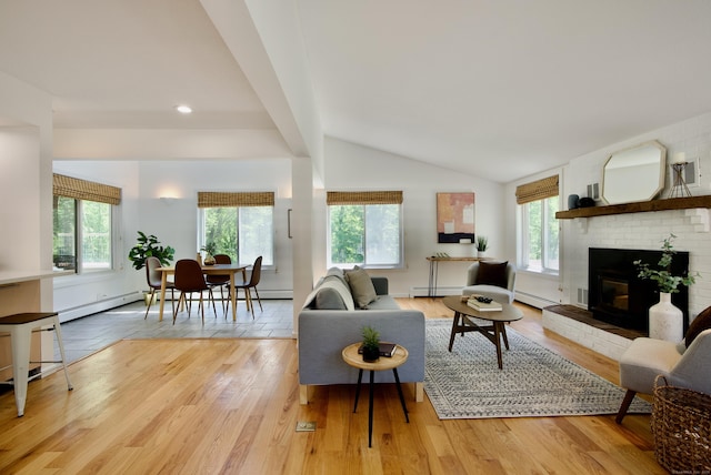 41 Day St, Granby, CT 06035 - living area featuring light wood-style flooring, a brick fireplace, baseboard heating, and recessed lighting