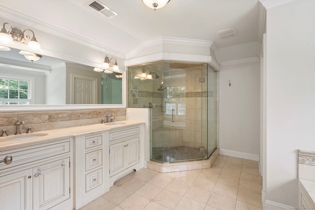 92 Hornbeam Rd, Fairfield, CT 06824 - full bathroom with double vanity, a shower stall, tile patterned flooring, backsplash, and crown molding