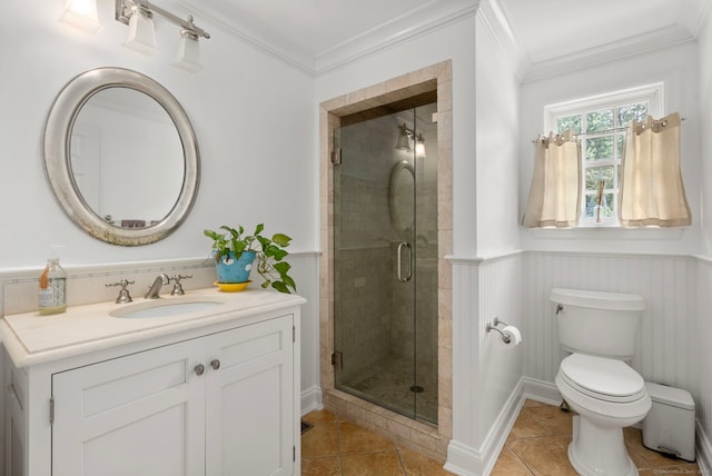 92 Hornbeam Rd, Fairfield, CT 06824 - bathroom featuring vanity, a stall shower, ornamental molding, a wainscoted wall, and tile patterned floors