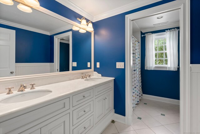 92 Hornbeam Rd, Fairfield, CT 06824 - bathroom with double vanity, tile patterned flooring, crown molding, and curtained shower