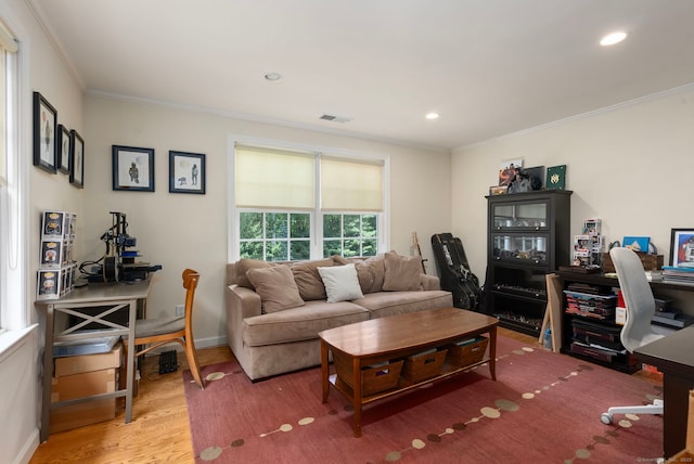 92 Hornbeam Rd, Fairfield, CT 06824 - living room with a desk, crown molding, wood finished floors, and recessed lighting