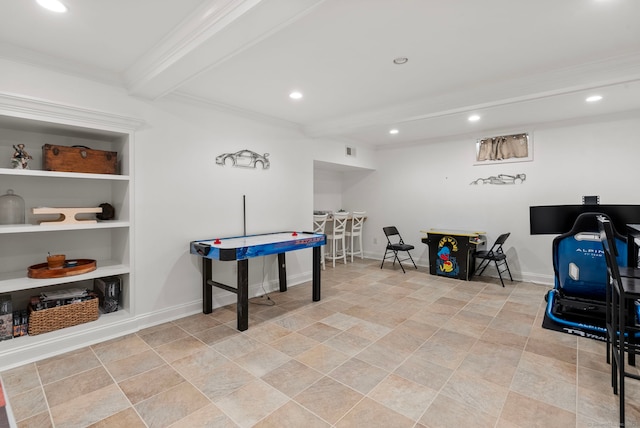 92 Hornbeam Rd, Fairfield, CT 06824 - recreation room featuring beam ceiling, recessed lighting, ornamental molding, and built in features