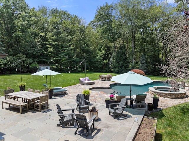 92 Hornbeam Rd, Fairfield, CT 06824 - view of patio / terrace featuring a fire pit, outdoor dining space, and a pool with connected hot tub