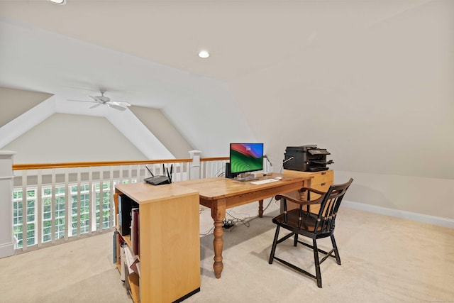 95 Cedar Swamp Rd, Chester, CT 06412 - office featuring a ceiling fan, light colored carpet, vaulted ceiling, and recessed lighting