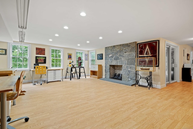 95 Cedar Swamp Rd, Chester, CT 06412 - office with recessed lighting, wood finished floors, and a fireplace