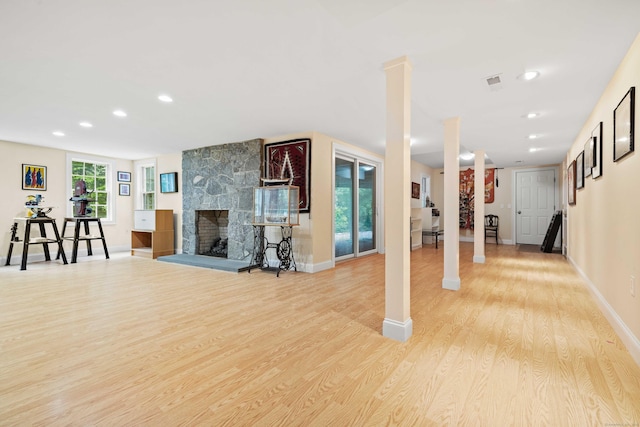 95 Cedar Swamp Rd, Chester, CT 06412 - living room with wood finished floors, recessed lighting, and a fireplace