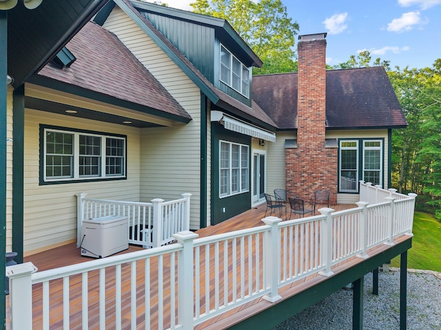 95 Cedar Swamp Rd, Chester, CT 06412 - back of house with a wooden deck, a shingled roof, and a chimney
