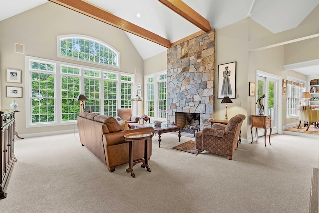 95 Cedar Swamp Rd, Chester, CT 06412 - carpeted living area with high vaulted ceiling, beamed ceiling, and a fireplace